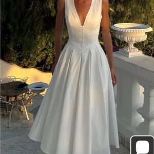Meshki White V-Neck Pleated A-Line Wedding Dress
